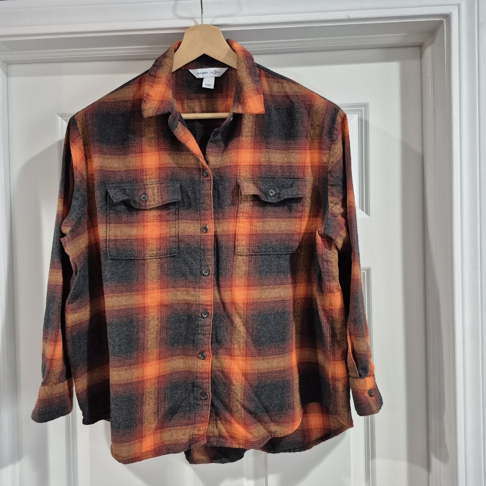 Old Navy Shirt Womens Large Orange Plaid Boyfriend Flannel Taylor Swift Evermore
